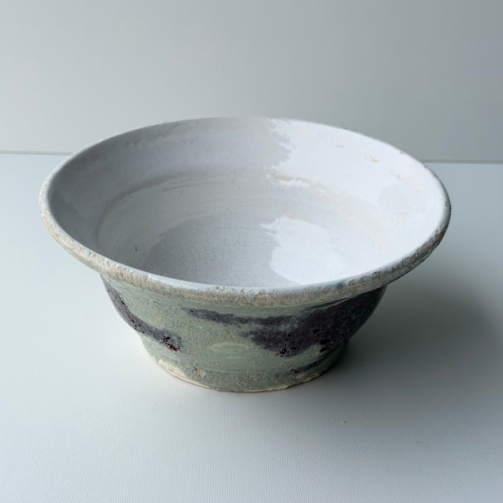 Vintage Studio Pottery Bowl Wabi Sabi Glazed Green Purple White Rustic Cottage
